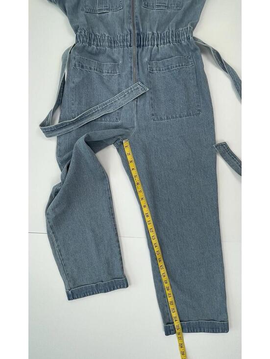 NWT Express X LADYGANG Women’s Blue Denim Zip Front Belted Jumpsuit Size 8 - Picture 9 of 10